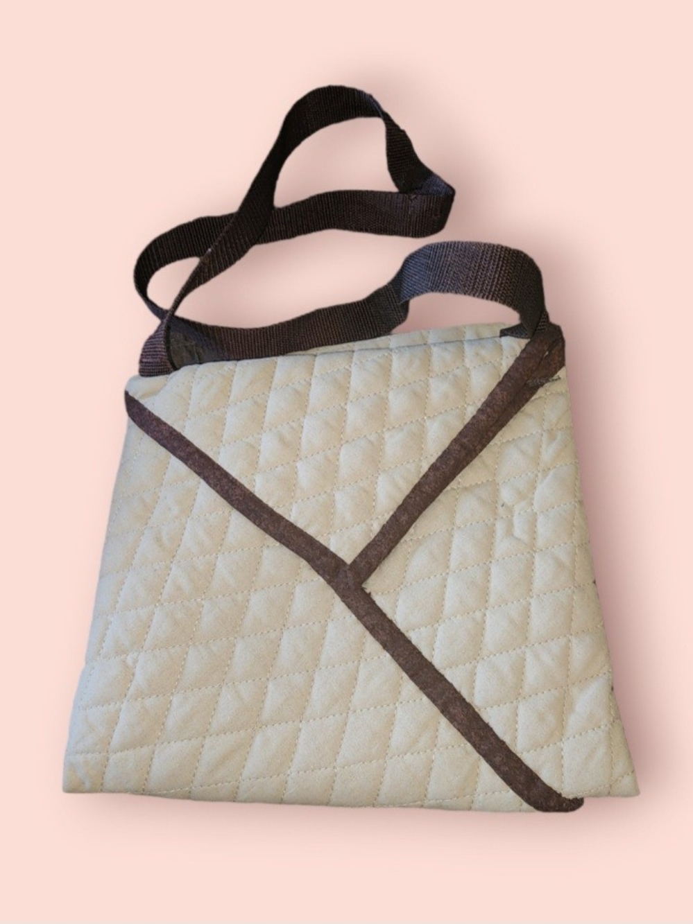 ^ Handmade Cream Quilted Crossbody Bag with Brown Trim
